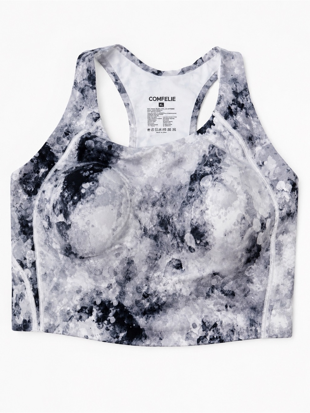 NWT COMFELIE Marble Print High Support Sports Bra XL Gray Black Padded Racerback